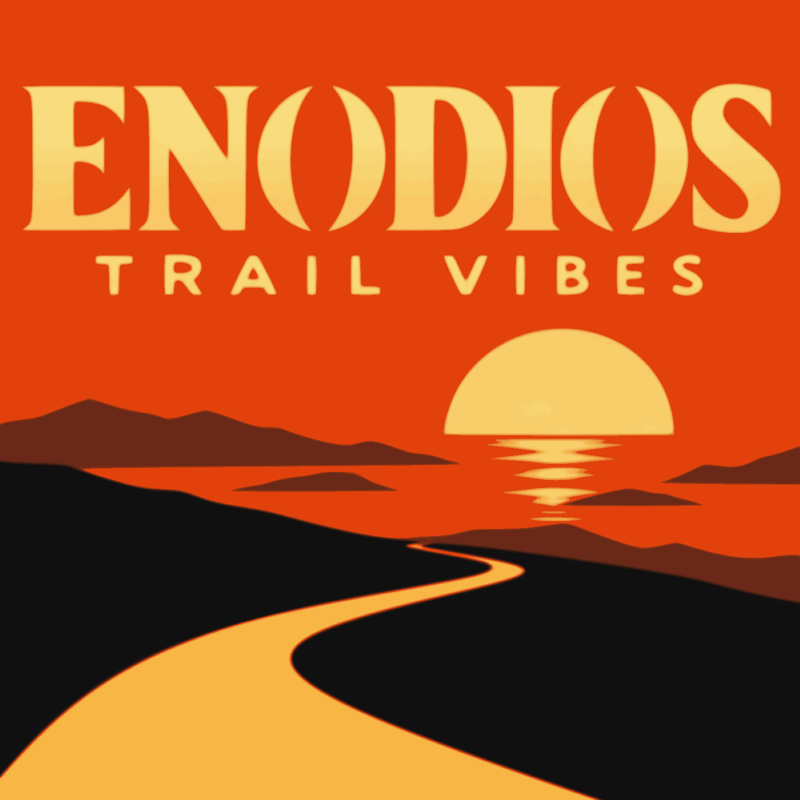 Trail Vibes artwork: a winding golden trail leading toward a sunset over water and distant hills